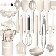 [Umite Chef] Silicone Kitchen Cooking Utensils Set, 22Pcs Heat Resistant Kitchen Utensils, Spatula, Spoon, Whisk, Dishwasher Safe Kitchen Utensil Gadgets Tools Set for Nonstick Cookware(Khaki)