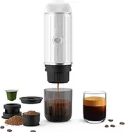 Portable Espresso Machine Rechargeable Electric 12V One Click Heater Automatic Coffee Maker Compatible with NS Capsules and Ground Coffee for Camping Travel Home (White)