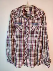 Ariat Top Women's Large Pearl Snap Embroidered Plaid Western Shirt American New
