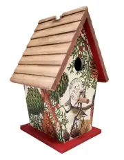 Tall Decorative Wood Birdhouse with Loop Hanger, Birds, Spruce Tree