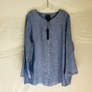 NEW TAHARI Womens Blue 100% Linen Button Front LS Top Shirt Size 2X