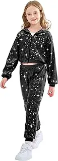 LOLANTA 2Pcs Girls Dance Outfits Cropped Sequin Jacket Pants Set, Kids Hip Hop Dance Costumes for 80s 90s Party 4-13 Years
