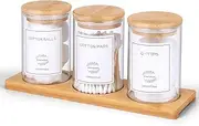 3 Pack Glass Qtip Holder for Bathroom with Bamboo Lids and Tray, 12oz Bathroom Organizers and Storage Accessories Home Decor, Apothecary Jars Qtip Dispenser for Cotton Swab, Cotton Ball and Floss