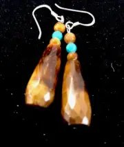 Tiger's Eyes Turquoise Faceted Navajo Sterling Silver Dangle Earrings 01995
