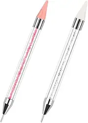 2 Pack Rhinestone Picking Dotting Pen Set, Beauties Factory Dual-Ended Diamond Dotting Wax Pencil Gems Crystals Picker Pen Nail Art DIY Decoration Tool (White + Pink)