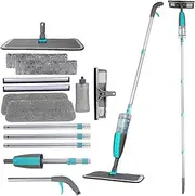 Wiseten 2 in 1 Window Cleaner Squeegee Kit and Floor Mop with Spray, Professional Window Wiper with Telescopic Handle, Spray Floor Mop with Washable Pads for Cleaning