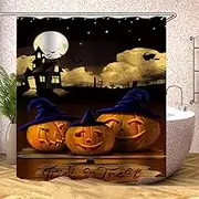 Halloween Pumpkin Lights Shower Curtains, Outside The Castle and Bats Shower Curtains Fabric, Funny Orange Blue Polyester Cloth Print Bathroom Curtains Include Hooks Sets 72〃w by 72〃L