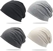 [JZS] Cotton Slouchy Beanie Hat, 4 Pack Soft Lightweight Oversize Running Beanie Adult Dwarf Hats Chemo Cap for Men Women