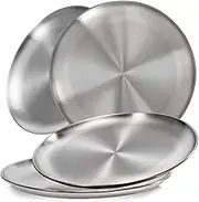 Sumerflos 304 (18/8) Stainless Steel Dinner Plates, 10" Round Salad Plates, Serving Plate for Home Kichten, Outdoor Camping, Snack, Pizza and BBQ - Set of 4