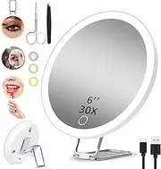 UOEPOWA 30X Magnifying Makeup Mirror with Light, 1500mAh Rechargeable Travel Mirror, 360° Rotation, 6inch Adjustable Stand, 3 Suction Cups, Tweezers & Scissors, Vanity Mirror for Precise Grooming