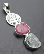 RUBY & AQUAMARINE Tree of Life Pendant - STERLING SILVER - Healing Crystals
