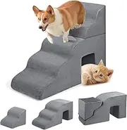 Tneukoom Detachable Dog Ramp for High Beds & Couches, 2-in-1 Pet Steps with Tunnel, Cave Design, Non-Slip Bottom, Washable Cover, High-Density Memory Foam, Suitable for Small & Medium Pets 1 Set