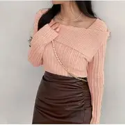 Long-Sleeve Square Neck Plain Ribbed Knit Top Pink - One Size