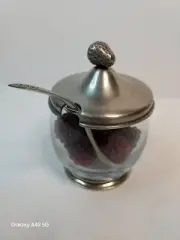 Pewter and Glass Jam Jar, Strawberry Motif, Matching Spoon and Fuex Raspberries