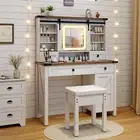Makeup Vanity Desk w/ Mirror Farmhouse Dressing Table & Stool Set Side Cabinet