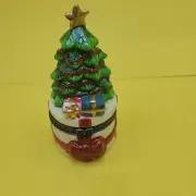 Christmas Tree with Presents Hinged Ceramic Trinket Box 4” Gold Star