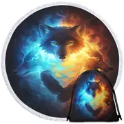 Inner Fight Ice Fire Wolves Round Beach Towel