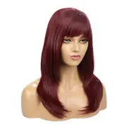 55cm/21in Synthetic Wine Red Wigs with Bangs Heat Resistant Fiber Wigs for Women