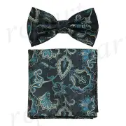 Men's Pre-tied Bow Tie & hankie set floral pattern blue formal prom