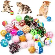 VAPKER 30Pcs Cat Ball Toys Kitten Chew Toys Balls with Bell, Rainbow, Sparkle, Crinkle, Sisal, Pom Pom for Indoor Cats