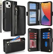 SunYoo for iPhone 14 13 Case Leather Wallet with Card Holders Money Slots Wrist Strap for Women Men RFID Blocking Purse for iPhone14 iPhone13 Zipper Coin Pocket Cover Kickstand Folio Flip Case Black