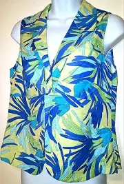Preston & York Sleeveless Babydoll Top 10P Linen/Rayon Tropical Blue Green NWT