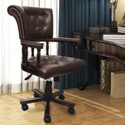 Antique Vintage Style Leather Office Desk Swivel Adjustable Arm Chair - Brown