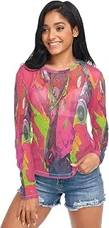 [RPLIFE] Dancing Brown Bear on Pink Background Net Shirt, Transparent Tops for Women, Sheer Sleeve Top