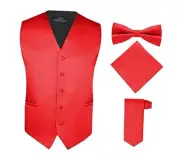 Men's 4 Piece Vest Set, with Bow Tie, Neck Tie & Pocket Hankie X-Large Red