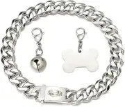 RUMYPET Silver Dog Chain Collar Cuban Link Chain Collar with Design Buckle, Dog ID Tag and Bell 15mm/19mm Strong Heavy Metal Stainless Steel Chain Dog Collar 10-26inch(15mm,10inch)
