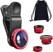 KINGMAS 3 in 1 Universal Fish Eye, Macro Clip, Wide-Angle Camera Lens Kit for iPad, iPhone, Samsung, Android and Most Smartphones (Red)