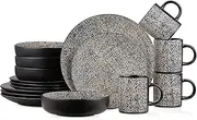 [Stone Lain] Sophie Rustic Stoneware Dinnerware Service for 4, Brown and White Textured, Plates and Bowl Set, 16 Pieces