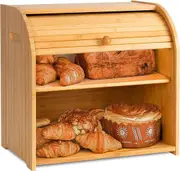 Large Capacity Bamboo Bread Box - Double Layer Roll Top Storage Container