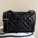 【台灣現貨】近新真品 CHANEL FLAP BAG 全黑 SO BLACK 油蠟皮 手提 斜挎 口蓋包 AS3931