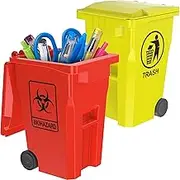 Mini Biohazard Containers Pen Holder and Unique Tiny Garbage Trash Can with Lid Pencil Cup Desktop Organizer Red Yellow 2-Pack