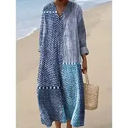 Women's Midi Dress Sundress A Line Dress Vacation Casual Boho Going out Beach Graphic Geometric Stripe Long Sleeve V Neck Orange red Black Yellow Pink Summer S
