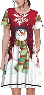 [SDEGTHO] Merry Christmas Cute Snowman Women's Casual Tshirt Short Sleeve Sundress for Party, Outdoor Gatherings with Pockets