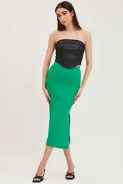 Green Knit Skirt Midi Side Split - Size M, Women's Knit Skirt