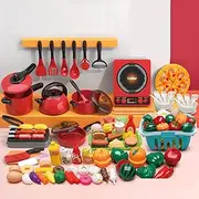 AmpEase 90-Piece Kitchen Toys Play Food Set, Cutting Toys with Basket, Home Playset, Simulate Cooking Rice, Stir-Frying, and Cutting Fruits with Realistic Kitchen Utensils