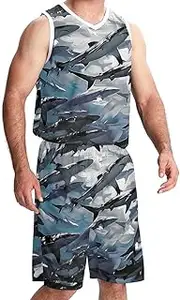 [KQNZT] Basketball Jerseys Shorts Sport Set, Outfit Tank Top Track Shorts, Men's Athletic Basketball Jersey, Marine Animal Shark Swarm