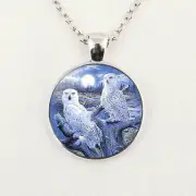 NIGHT MOON WHITE OWL BIRD pendant 24" Sterling Silver 925 necklace mom female
