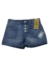 Polo Ralph Lauren Girls Patchwork Cotton Blue Denim Shorts Pink Patch Size 6 NWT