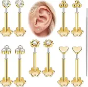 [YOVORO] 5Pairs 18G 20G Threadless Earring for Women 316L Stainless Steel Push in Earrings CZ Flower Flat Back Stud Earrings Cartilage Helix Tragus Lobe Stud Labret Monroe Piercing Jewelry