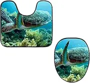 Toilet Lid Cover and U-Shaped Toilet Floor Mat Set of 2 Pieces, Green Sea Turtle Toilet Mat Set, Machine Washable Seat Covers Non-Slip Absorbent Rugs