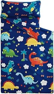 Nap Mat with Removable Pillow for Kids Toddler Boys Girls Daycare Preschool Kindergarten Sleeping Bag, Dinosaurs Printed on Navy Blue, 100% Cotton with Microfiber Fill