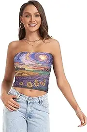 [RPLIFE] Sunset Lavender Fields Sunflowers Purple Summer Tube Tops, Strapless Tops Women, Sheer Tube Tops, Trendy Crop Tops (S)