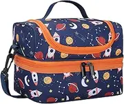 KASQO Lunch Box Bag for Boys, Kids Insulated Dual Compartments Lunch Tote Cooler Bag with Adjustable Detachable Shoulder Straps for School Daycare, Blue Rocket