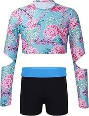 [FEESHOW] Kids Girl Long Sleeve Hollow Out Crop Pullover Top Shorts Set Athletic Running Workout Activewear