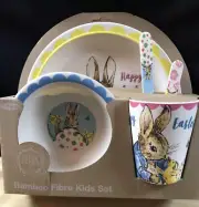 Peter Rabbit Beatrix Potter 5p Kids Dish Set HAPPY EASTER Plate Bowl Cup Utensil