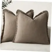 Set of 2 Decorative Linen Fringe Throw 18" x 18" (Pack of 2) Cocoa Brown